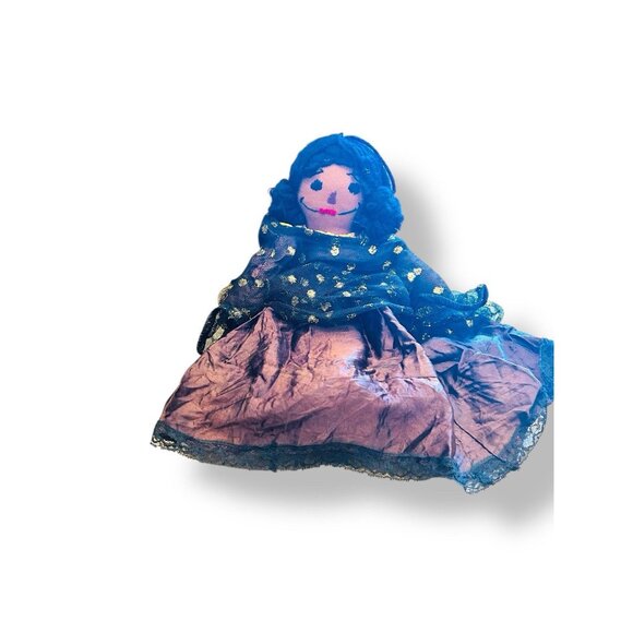 Vintage Handmade Cloth Rag Doll Unbranded Black Yarn Hair Layered Dress 12 in - Picture 1 of 12